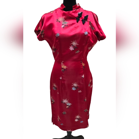 Handmade 1980s Japanese Satin Red Dress Size Small - Picture 1 of 8